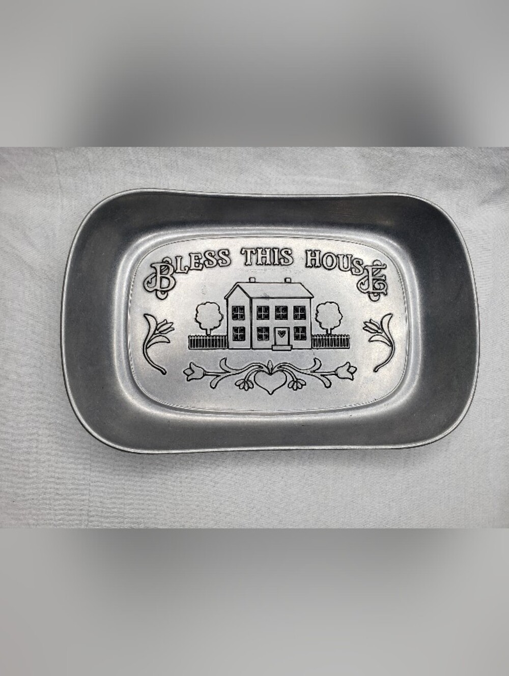 Vintage Wilton Armetale Pewter Bless This House Bread Tray Hearts